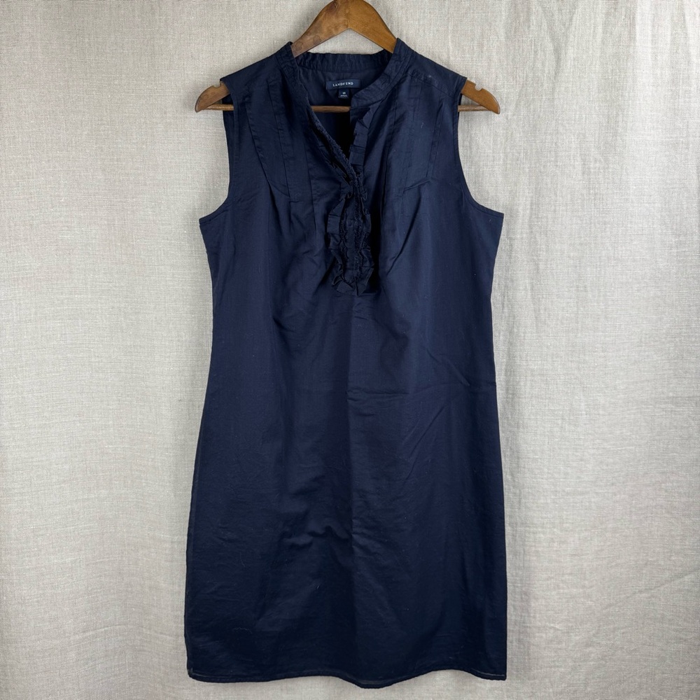 Lands' End Navy Blue Popover Dress with Ruffle Detail